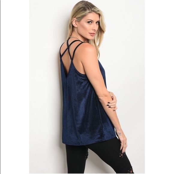 Navy Sleeveless Ribbed Velvet Tank - Picture 2 of 4