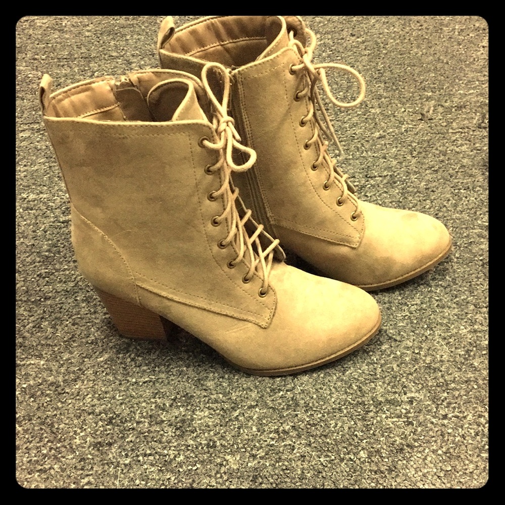 Tan suede lace up booties