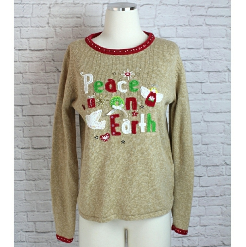 Peace On Earth Beige Ugly Christmas Sweater