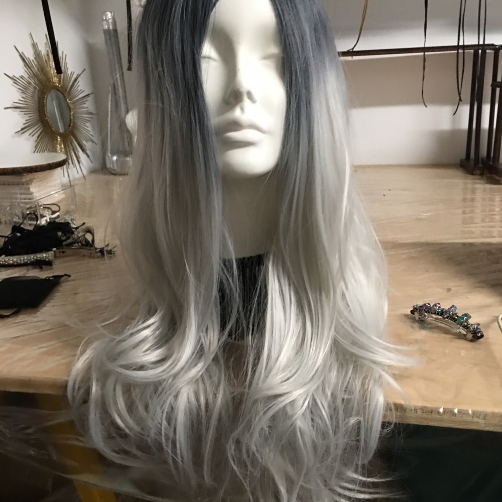 Long black and grey wig
