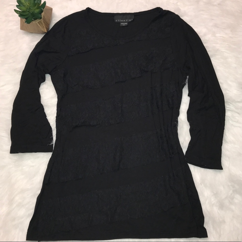 Attention Black 3/4 sleeve lace ruffle top Small