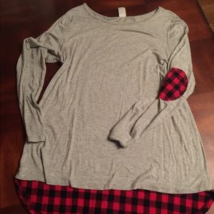 Buffalo plaid elbow patch & trim top