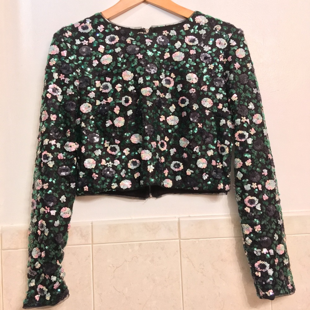 Floral Sequined Crop Top Zip Up