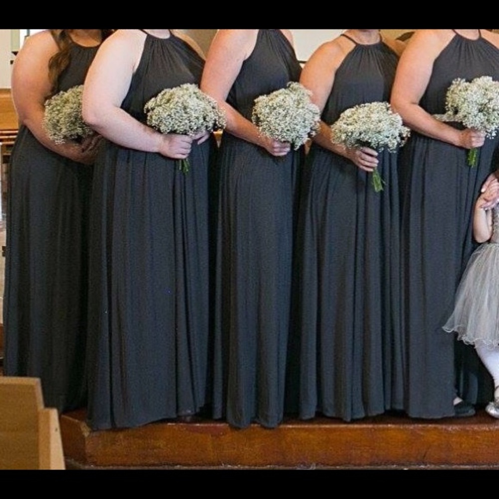 Charcoal bridesmaid dress from David’s Bridal.