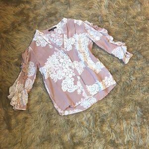 TIBI Silk Ruffle Blouse in Dusty Pink Lace