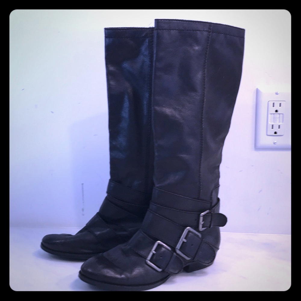 b.Makowsky Tall black leather boots, buckles, 6.5