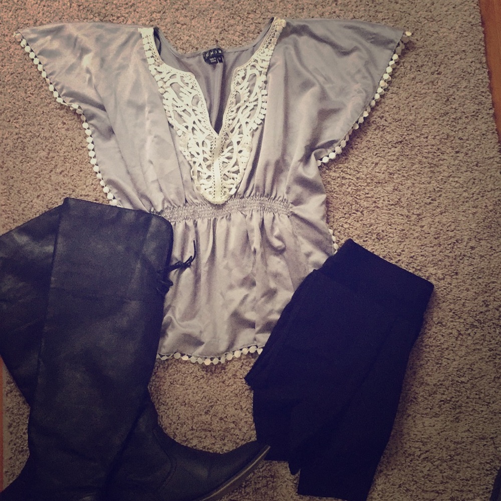 Grey silky top with cute white pattern.