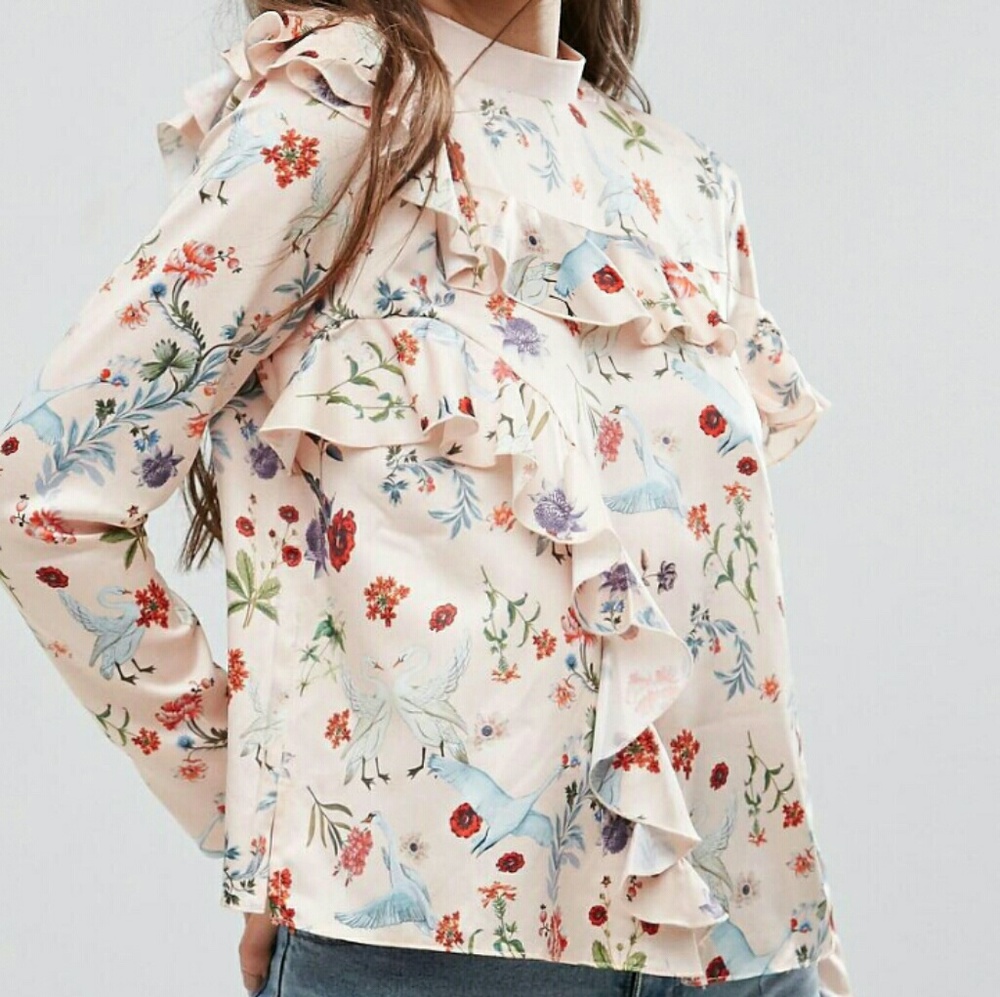 ASOS satin sweat top with ruffles swan print