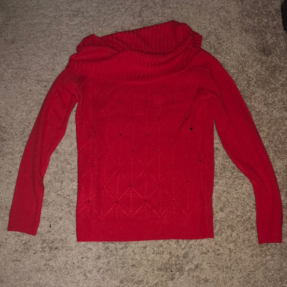 Red cowl neck holiday sweater