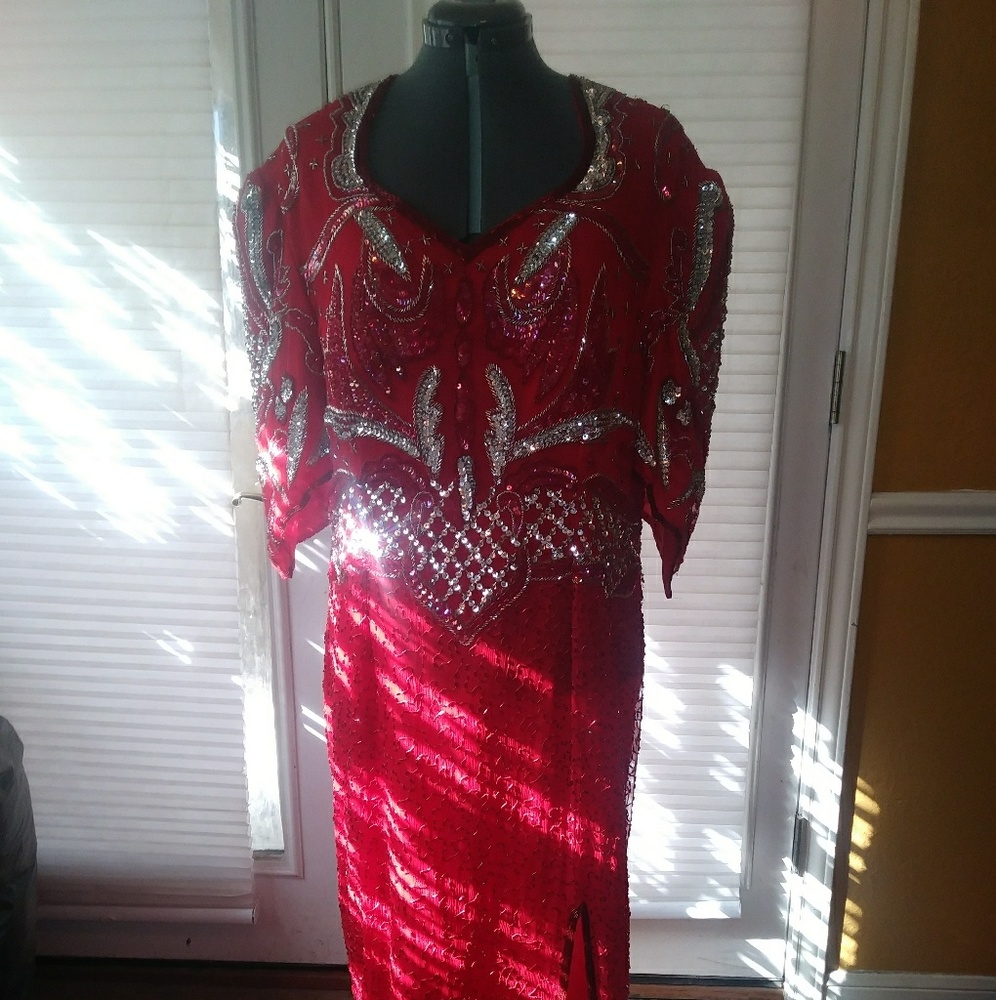 Red rose sequin formal, featuring a high slit