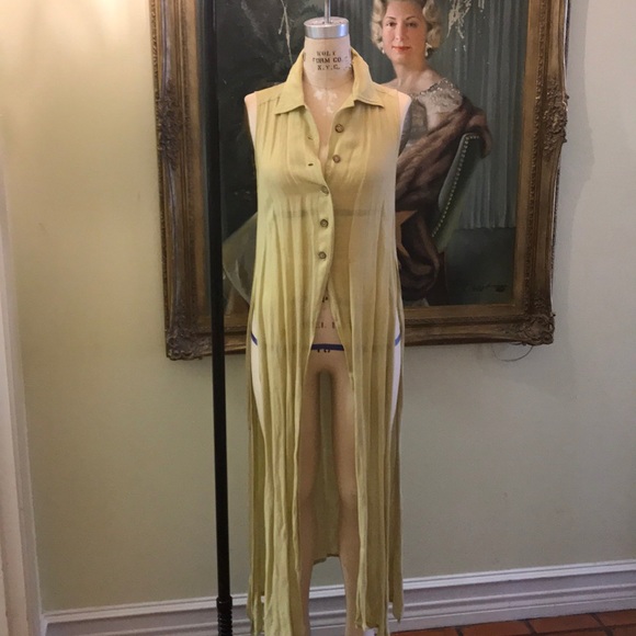 Linen light green long botton down dress - Picture 1 of 3