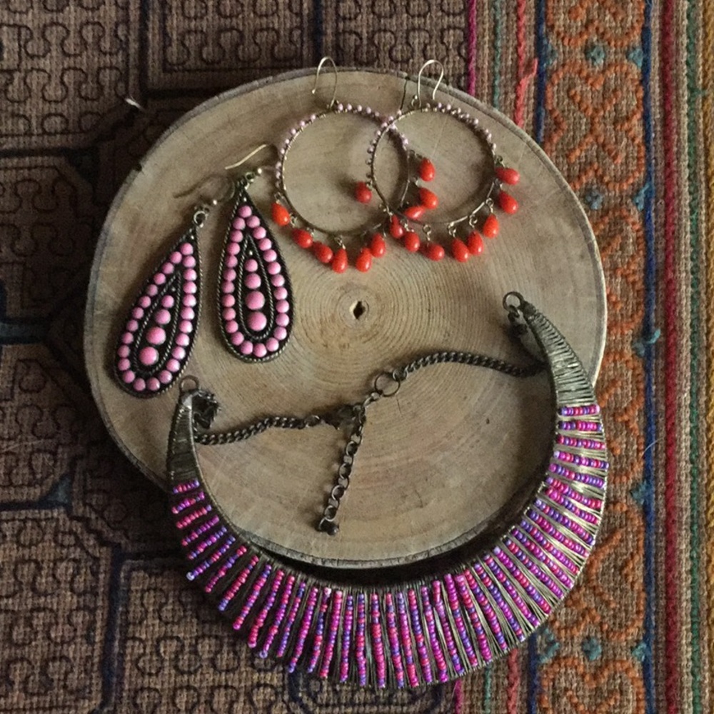 Pink boho jewelry lot - earrings and necklace