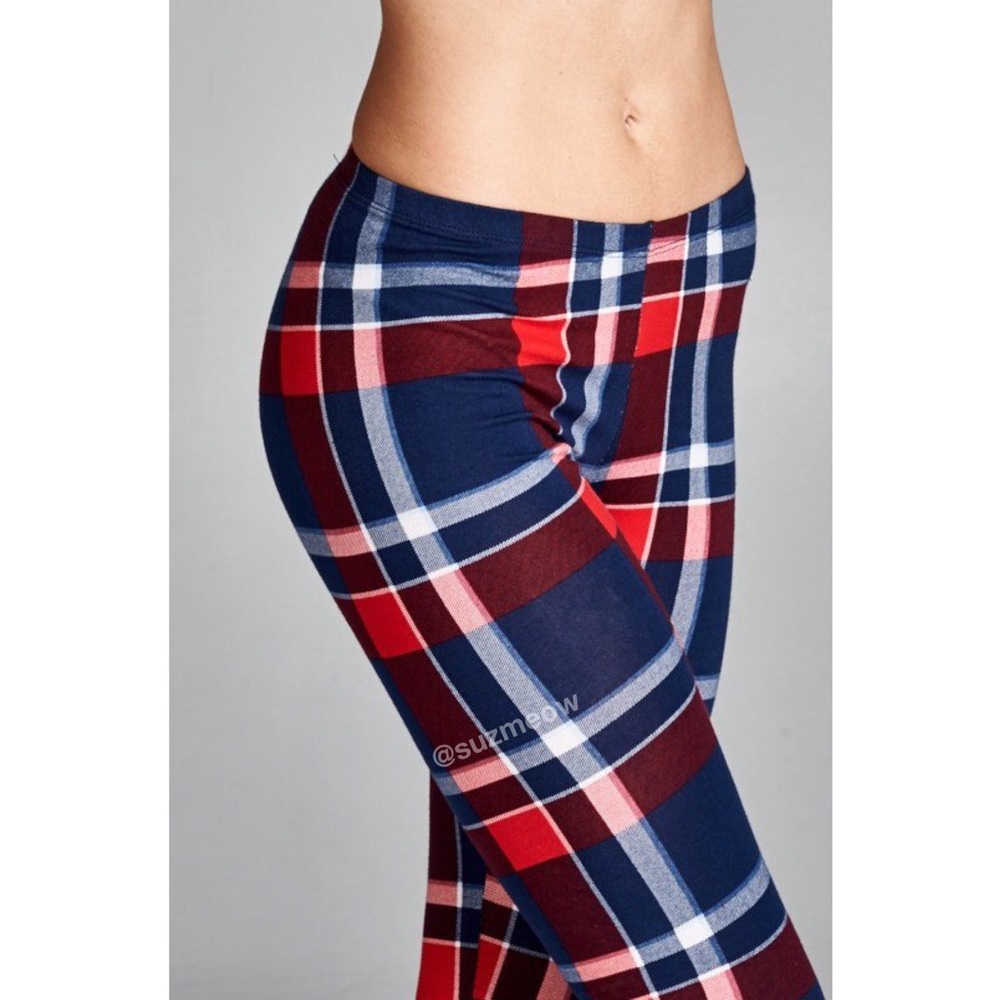 Navy Blue Red White Plaid Checkered Leggings • SML