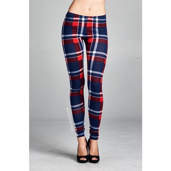 Navy Blue Red White Plaid Checkered Leggings • SML - Picture 3 of 4