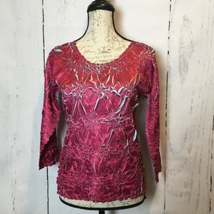 Silky Red & Teal Origami 3/4 Sleeve Small Medium