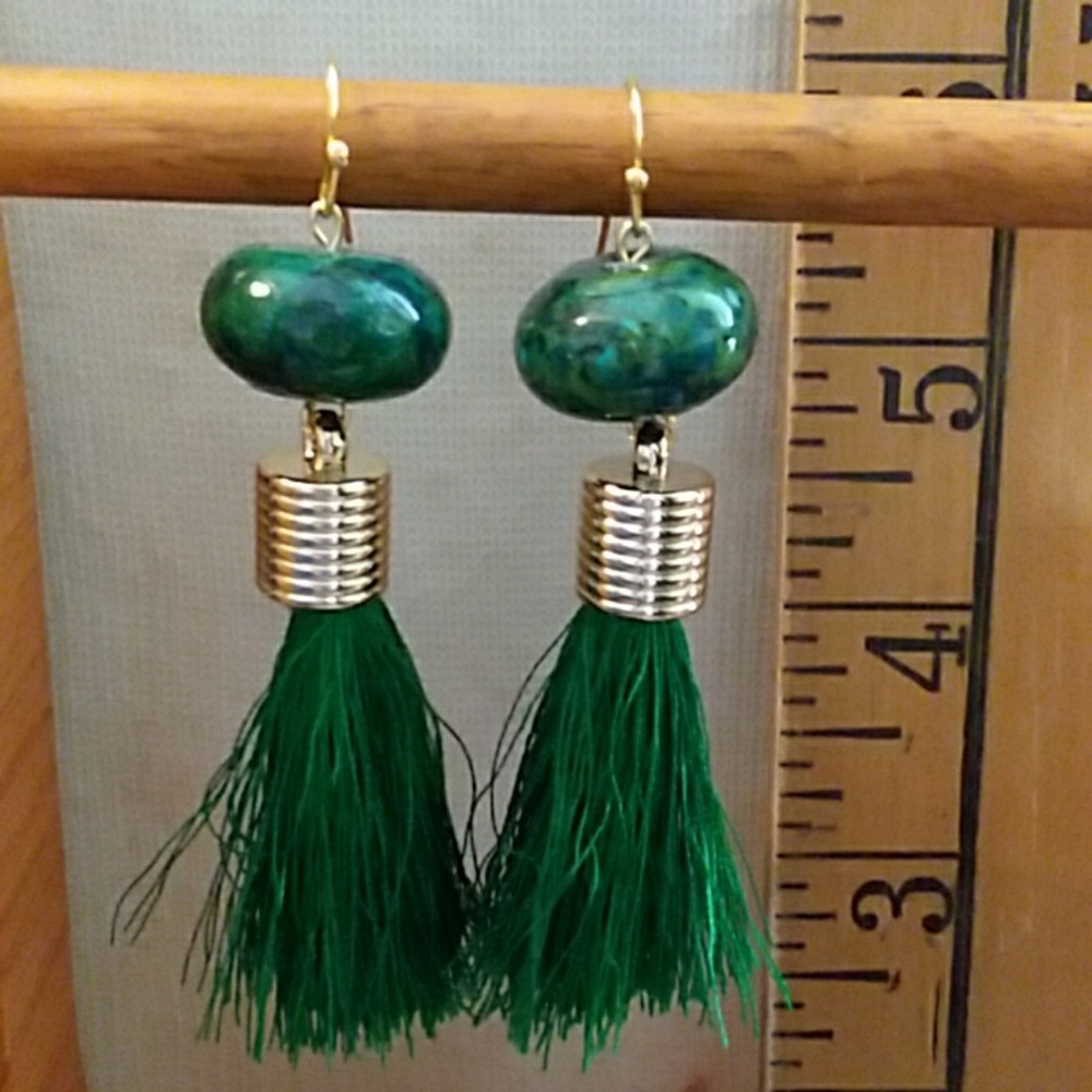 Pretty blue green mottled gemstone tassel earrings