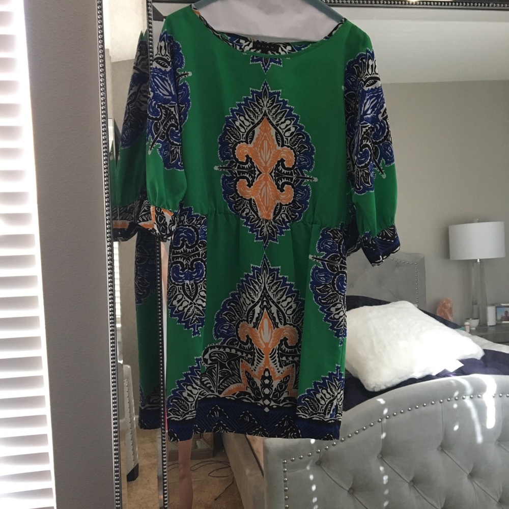 Glam Apparel green multicolored slit sleeve dress