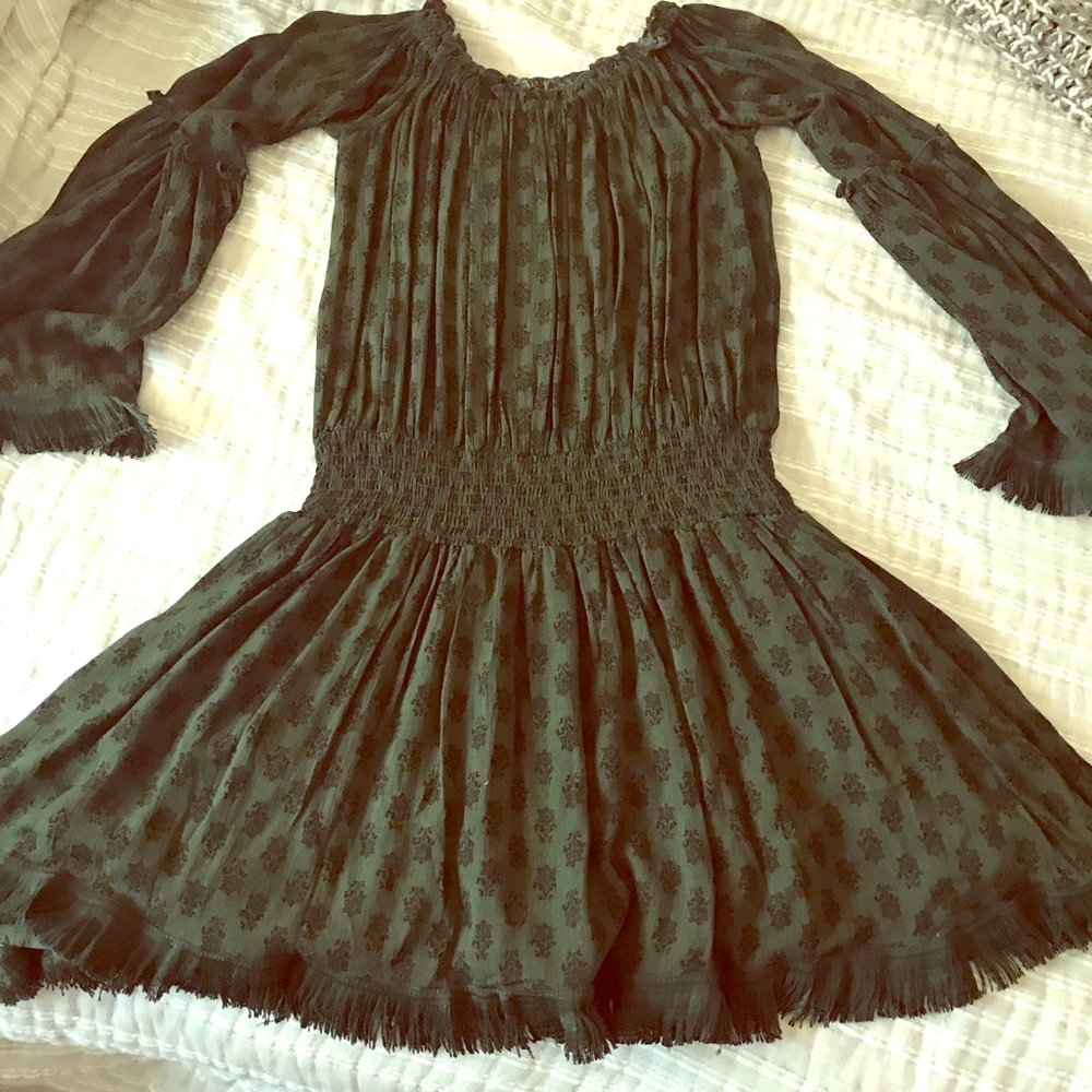 Green and black pattern off the shoulder slouch