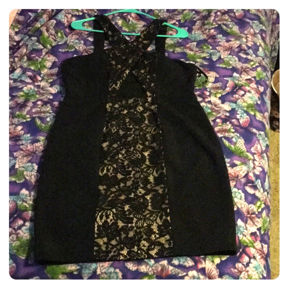 Black crisscross neckline cocktail dress w/lace