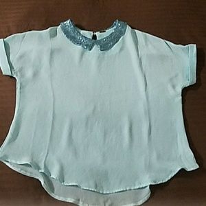 Light blue chiffon blouse with blue sequin collar