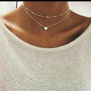 Silver heart choker necklace set~