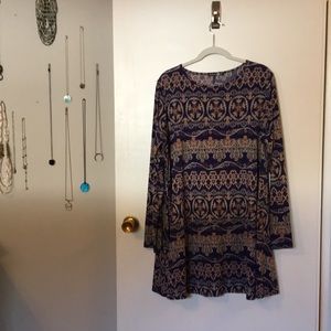 Dark blue printed long sleeve minidress