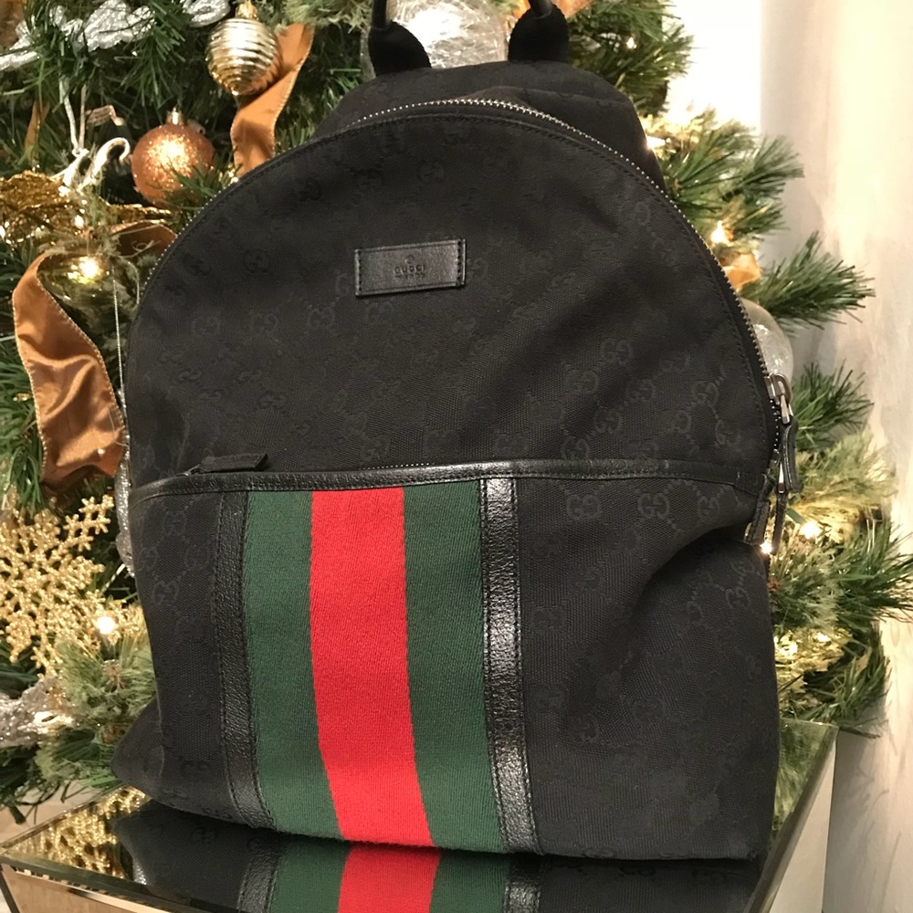 Gucci Monogram Medium Web Backpack Black AUTHENTIC