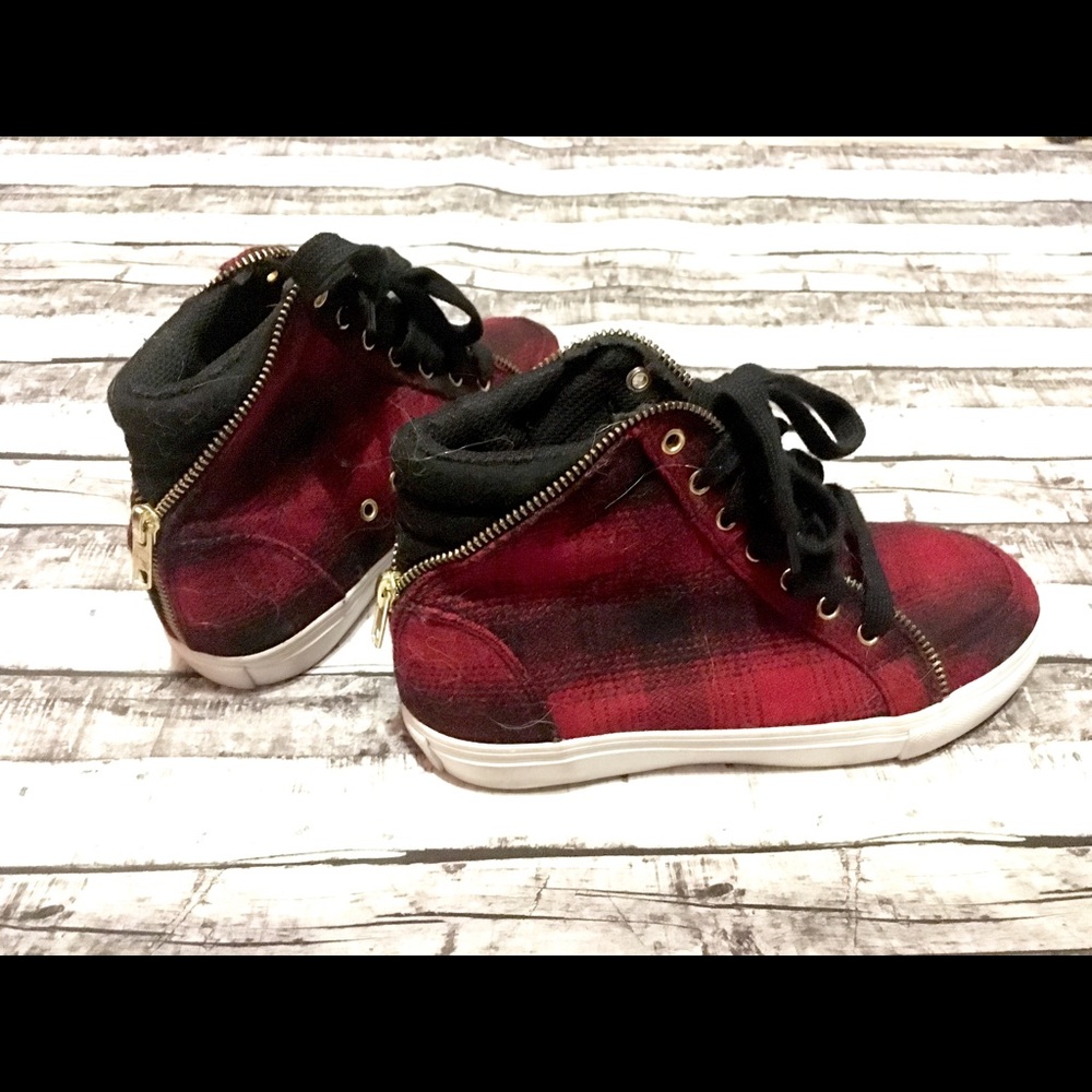 Red Black Plaid Hightop sneakers with gold accents