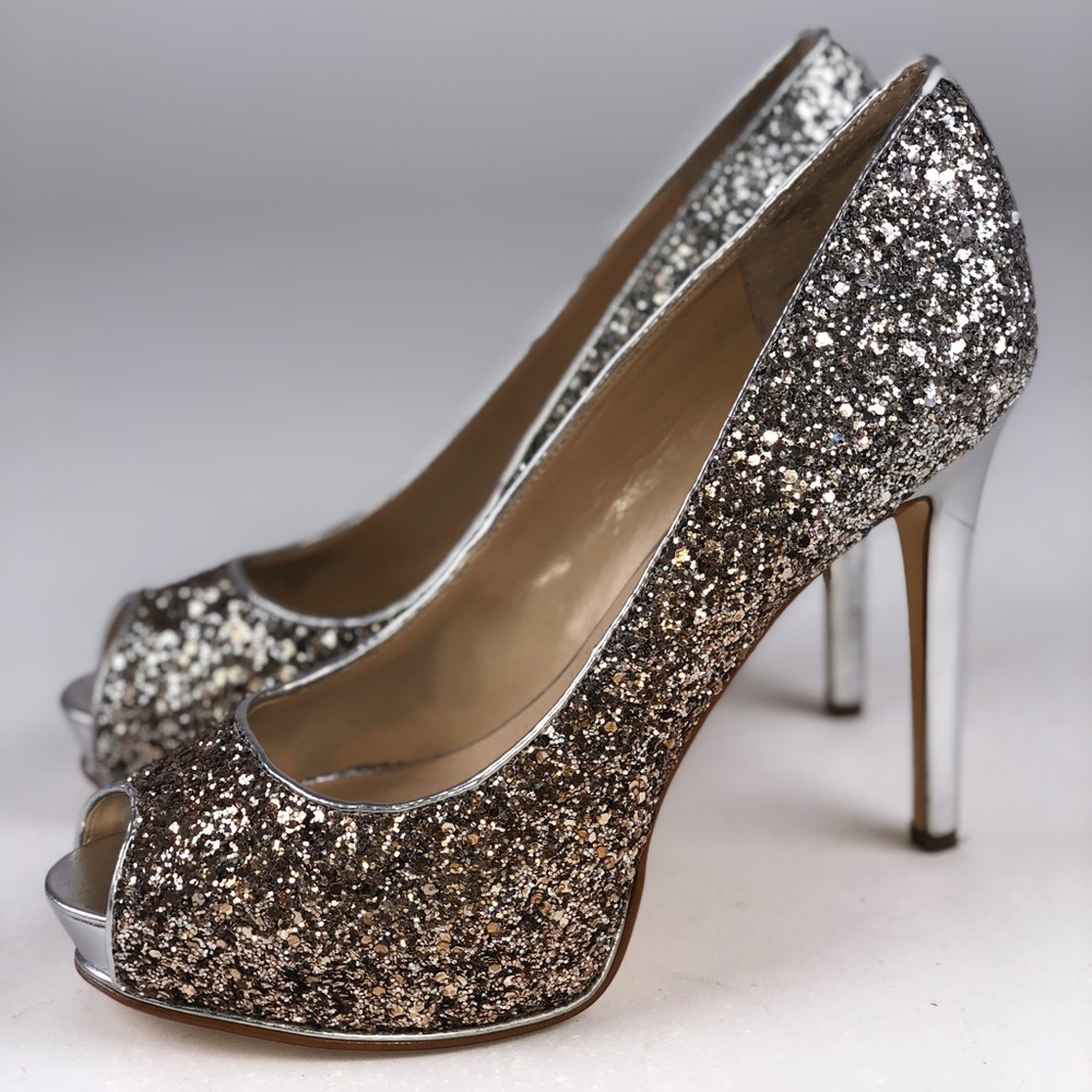 Guess Heels Peep Toe Sequin Silver Gold Shoes 9.5
