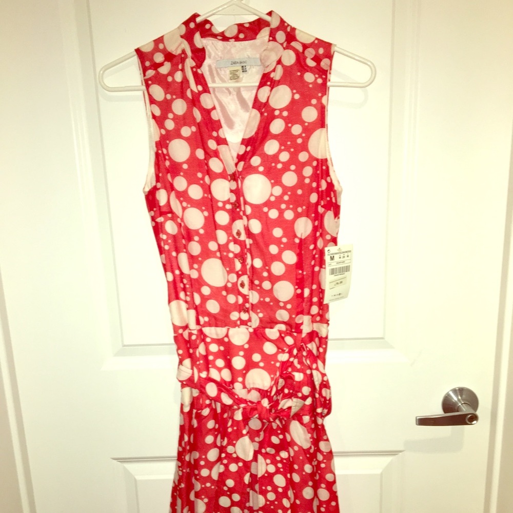 Zara sleeveless red & white belted polka dot dress