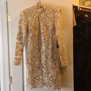 New Beautiful Gold Ivory Lace Open Back Dress