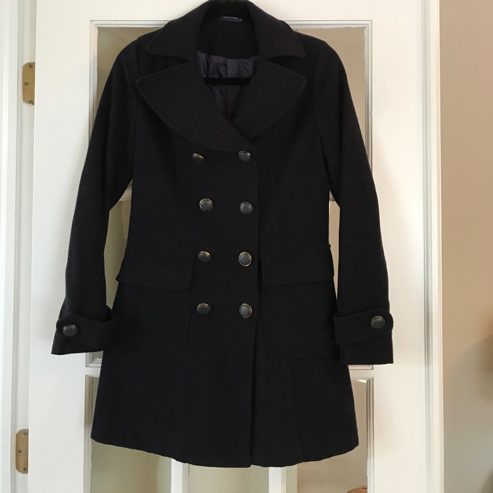 Navy Pea Coat with brass/leather buttons