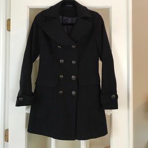 Navy Pea Coat with brass/leather buttons