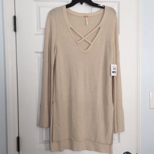Free People Beige Criss Cross neck sweater