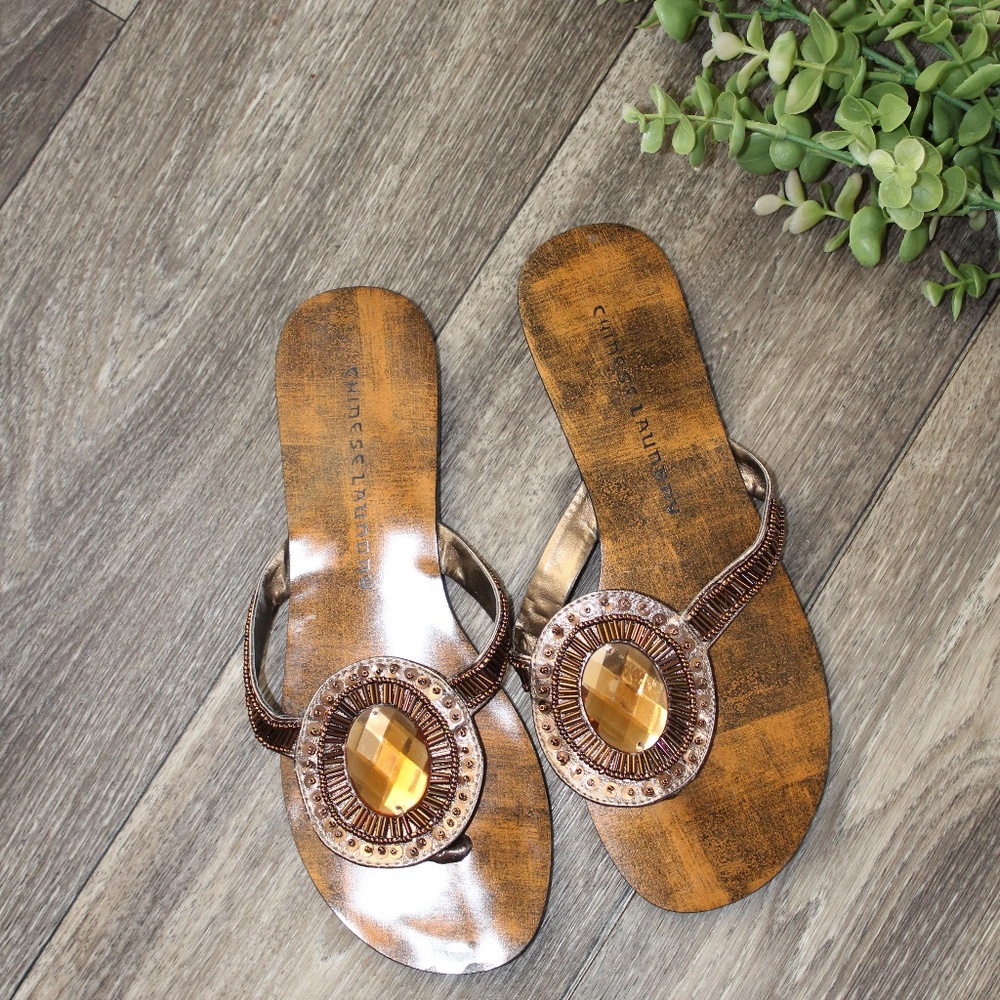 Brown and Bronze Jewel Flip Flop Sandals