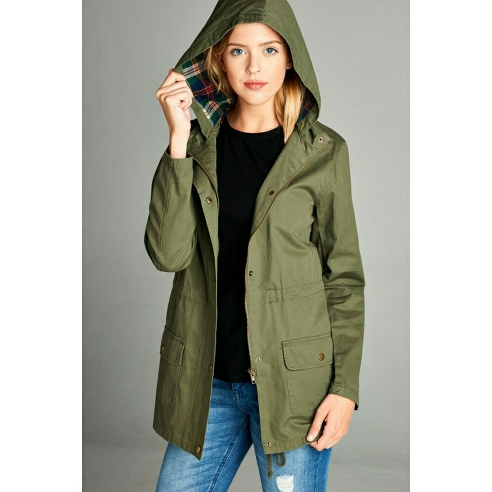 Utility jacket plaid hood
