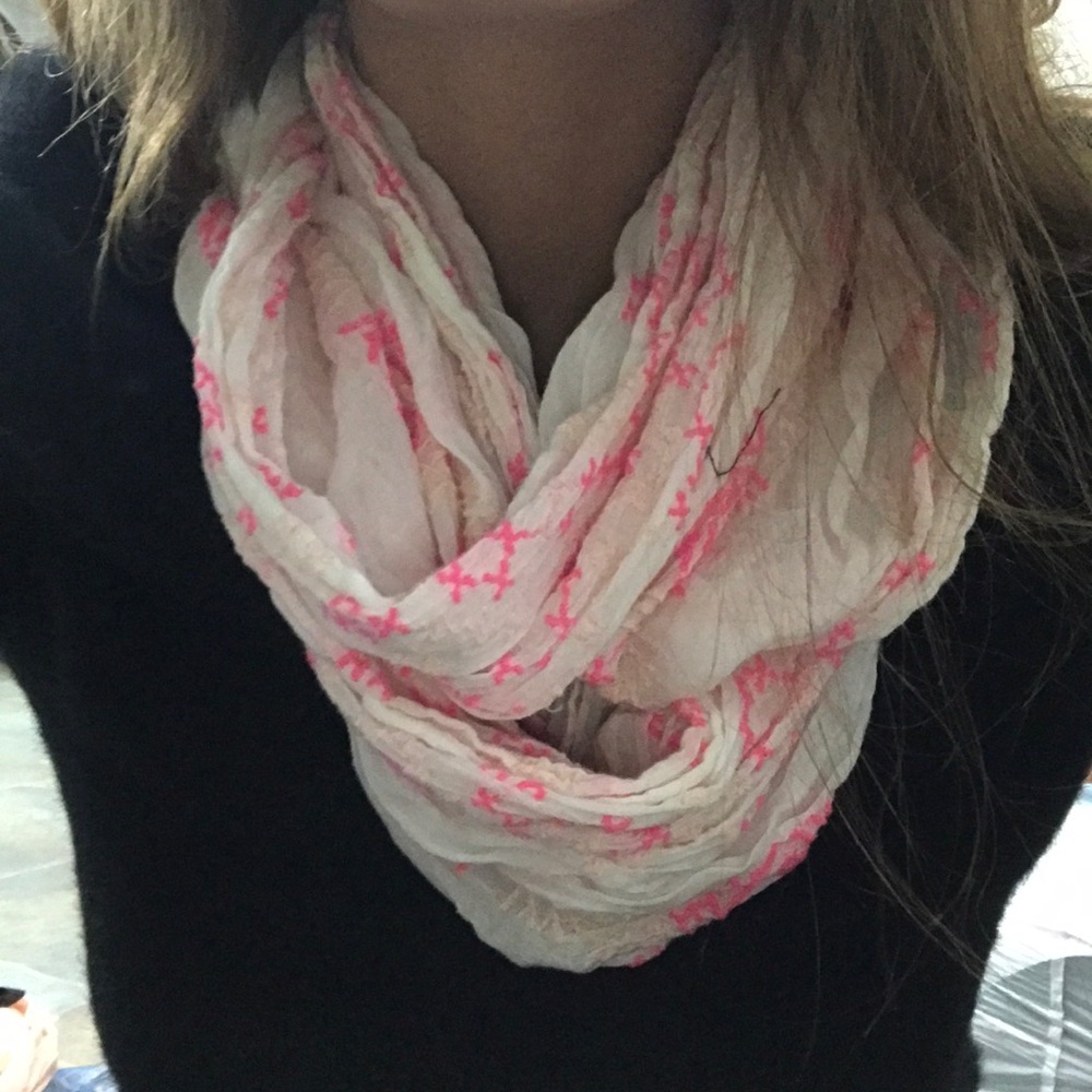 Pink and white patterned infinity scarf