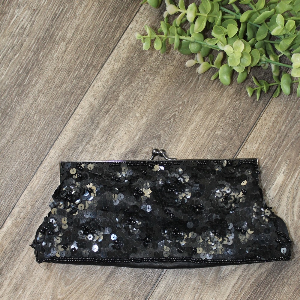 Black Satin and Sequin Evening Clutch Purse