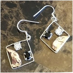 Genuine Onxy and White Topaz Geometric Earrings