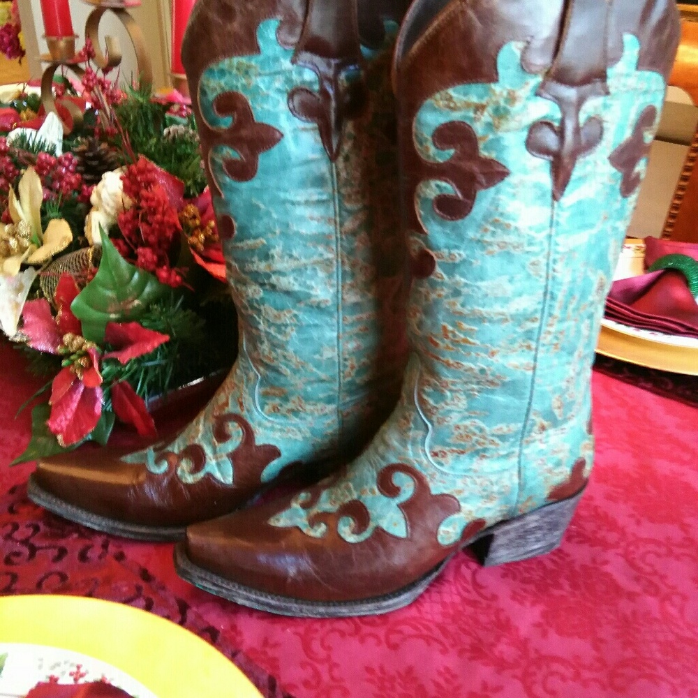Turquoise & Brown Lane Cowboy Boots, Size 7.5