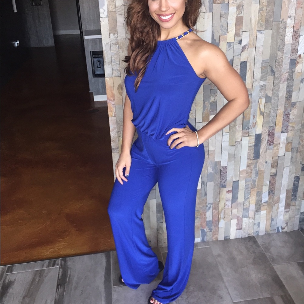 Cobalt blue gold chain halter jumpsuit