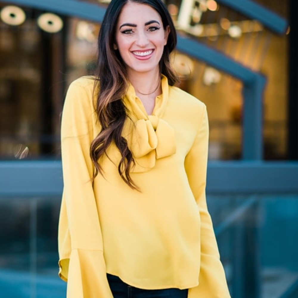 Yellow tie neck bell long sleeve blouse
