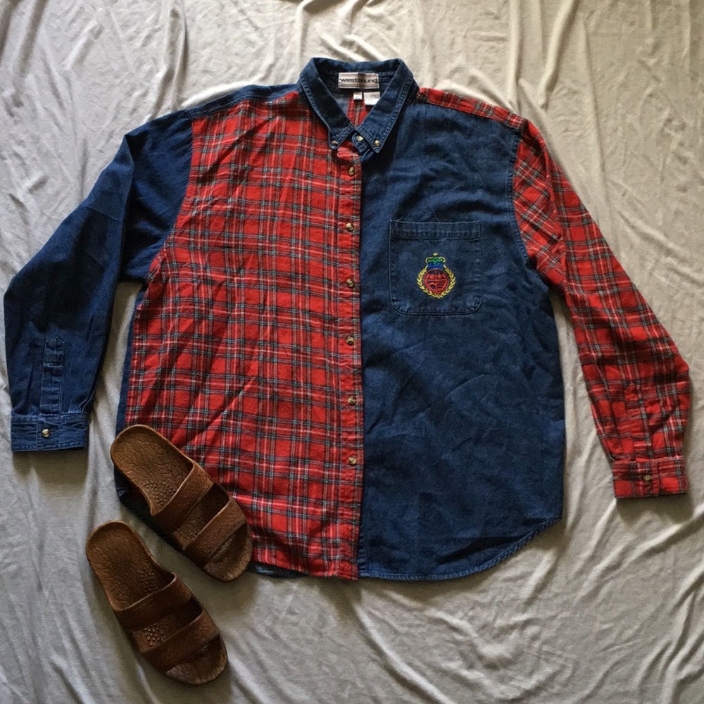 Vintage Plaid and Denim Button Up Shirt