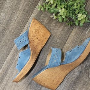 Blue Suede Strappy Cork Wedges
