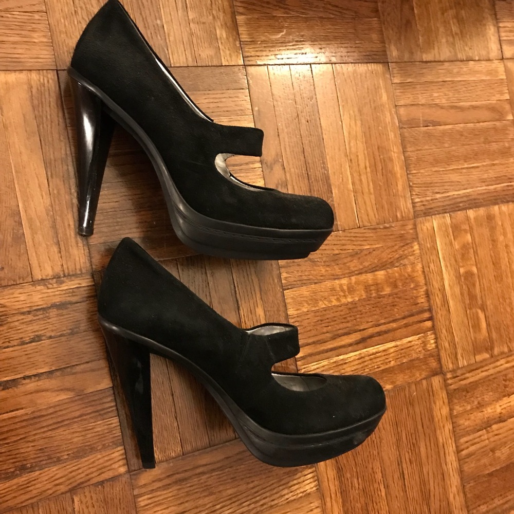 Calvin Klein black suede Mary Jane heels.