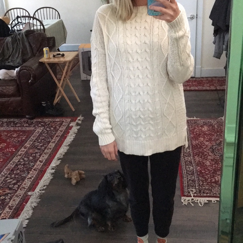 BDG Cream Cable Knit Long Sweater w Elbow Patches