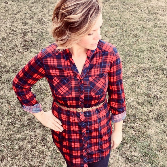 Plaid Button Down Shirt Dress w/ Belt - Picture 2 of 3