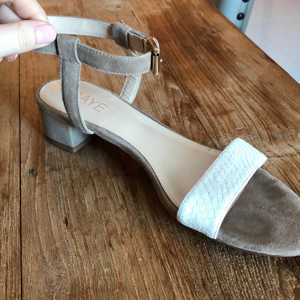 Tan and white block heel sandal