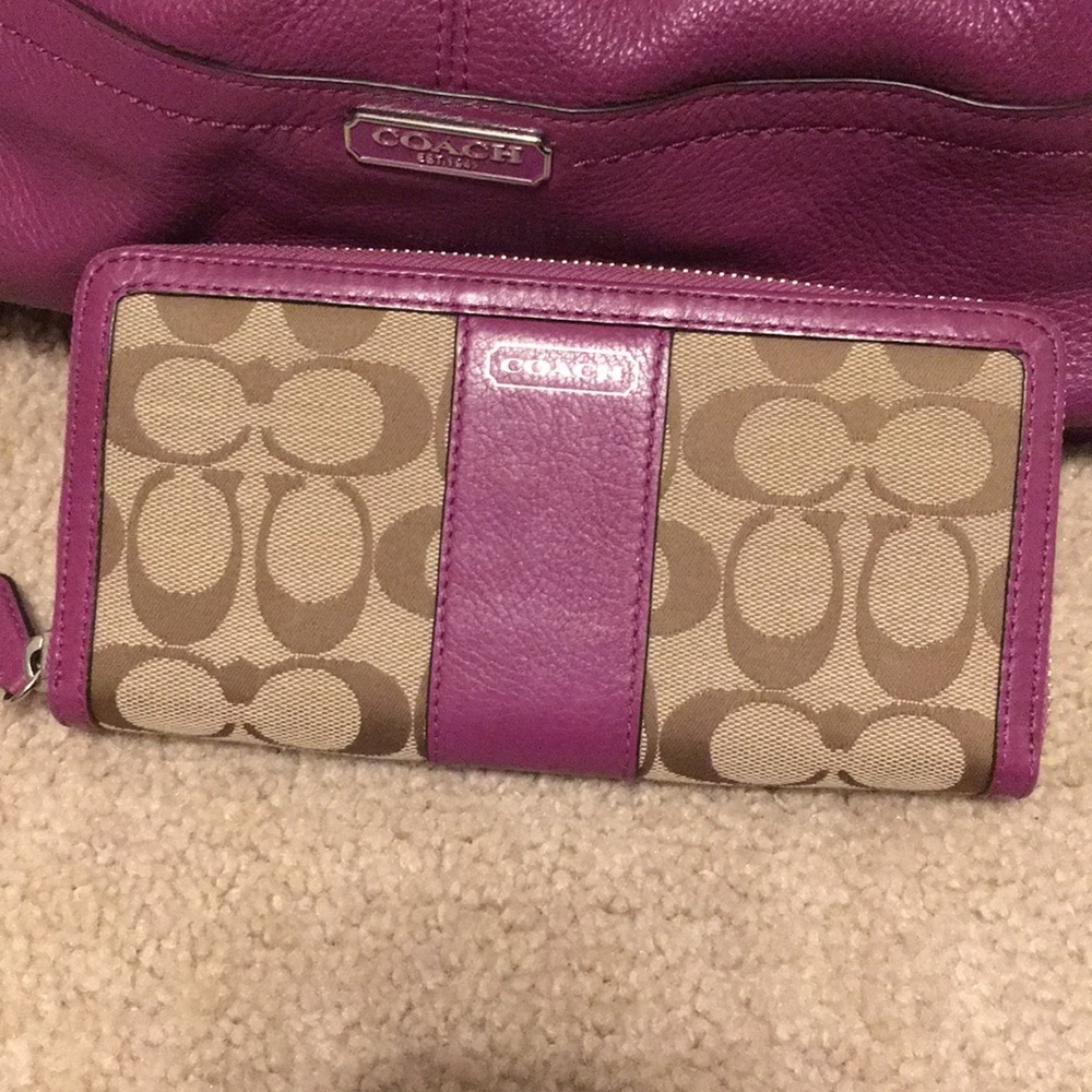 Coach khaki/amethyst park signature acc zip wallet