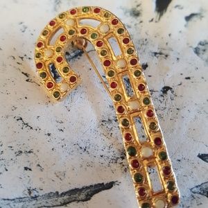 Vintage Gold Tone Candy Cane Brooch